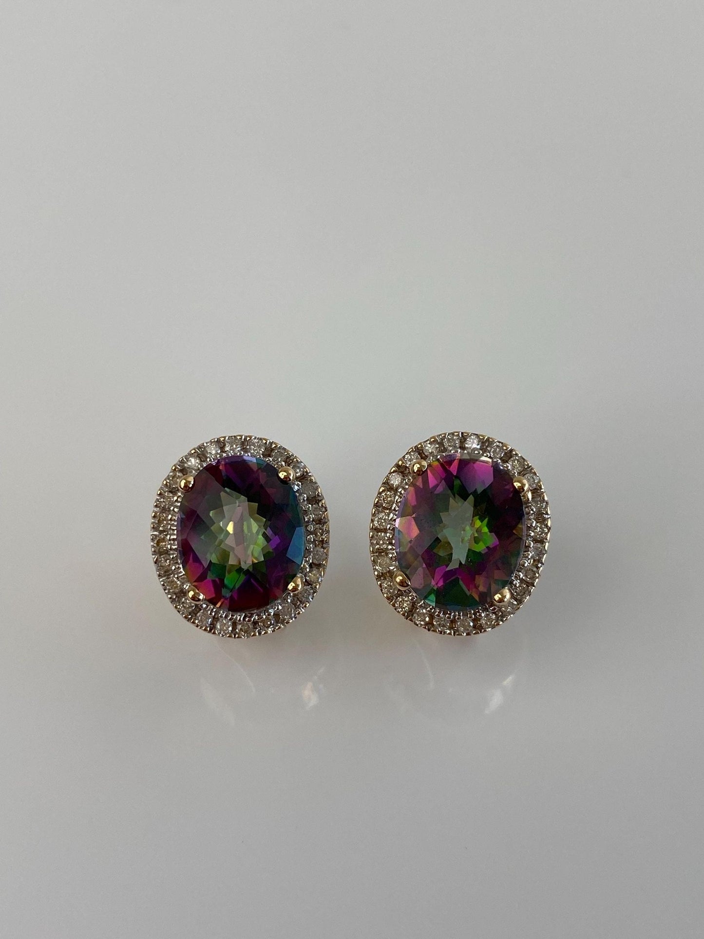 Vintage Solid 14k Yellow Gold Diamond Halo Mystic Topaz Stud Earrings