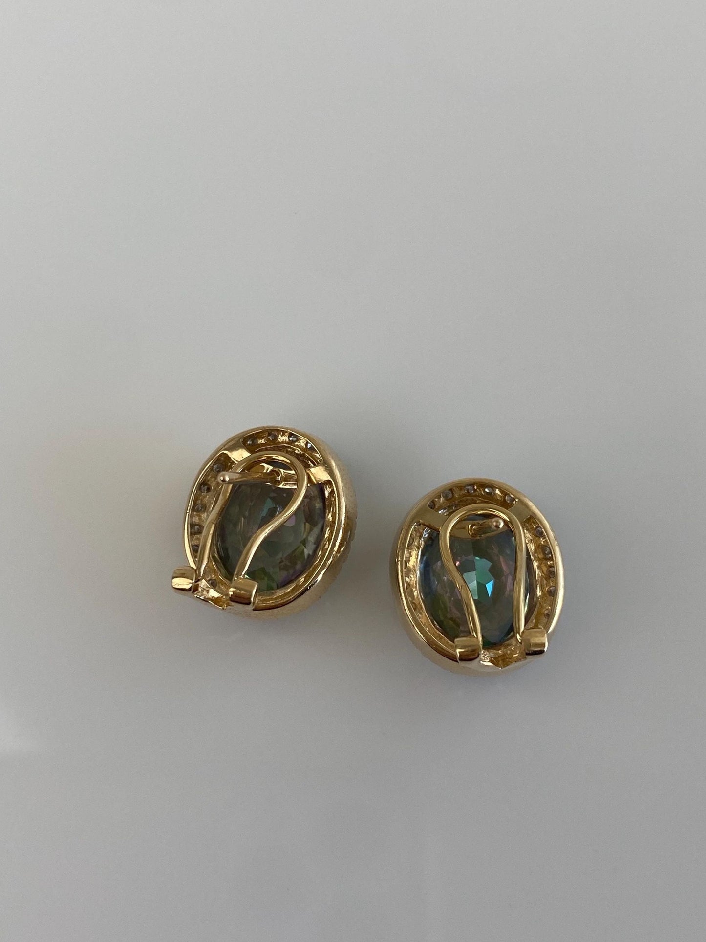 Vintage Solid 14k Yellow Gold Diamond Halo Mystic Topaz Stud Earrings