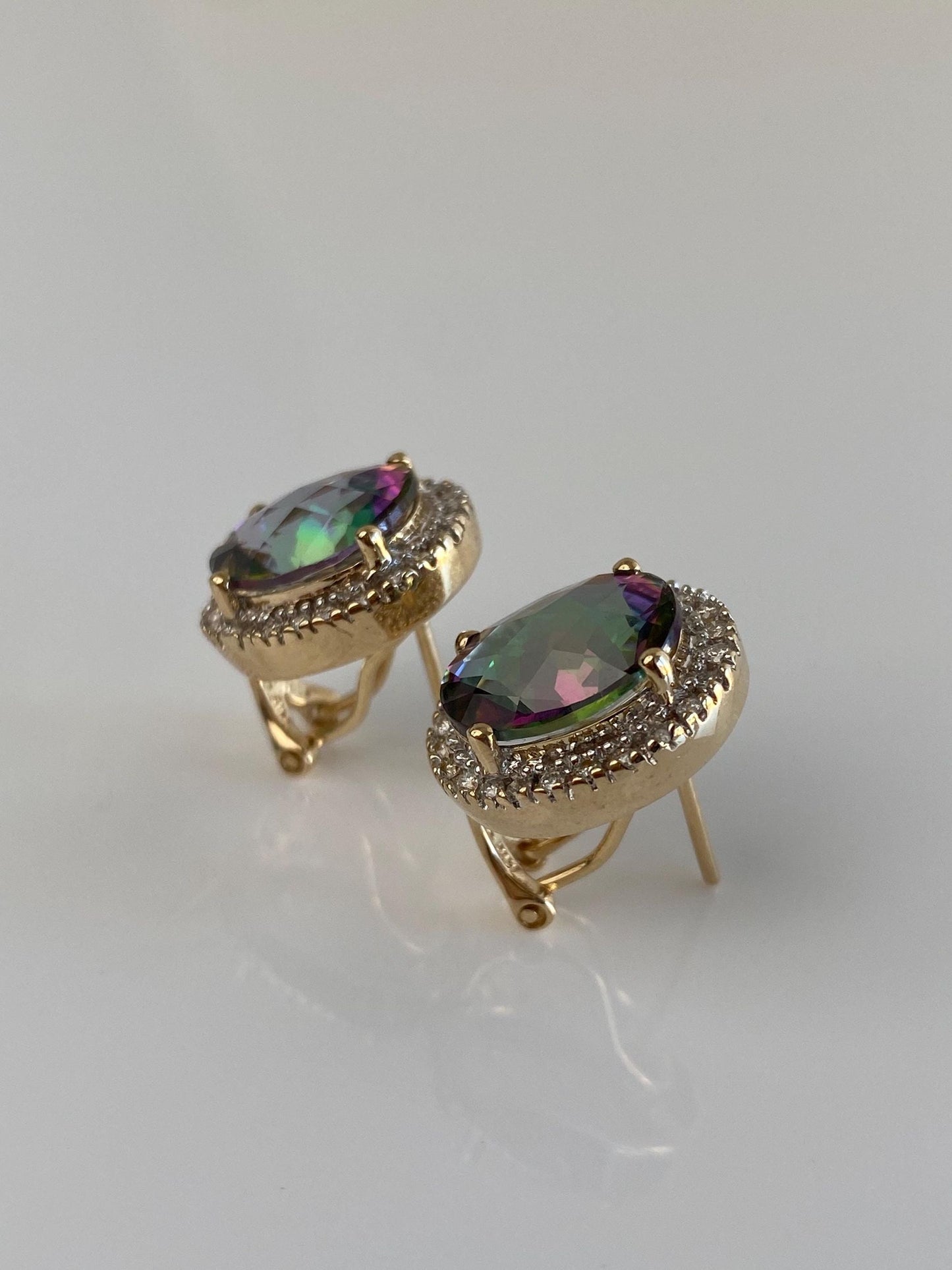 Vintage Solid 14k Yellow Gold Diamond Halo Mystic Topaz Stud Earrings