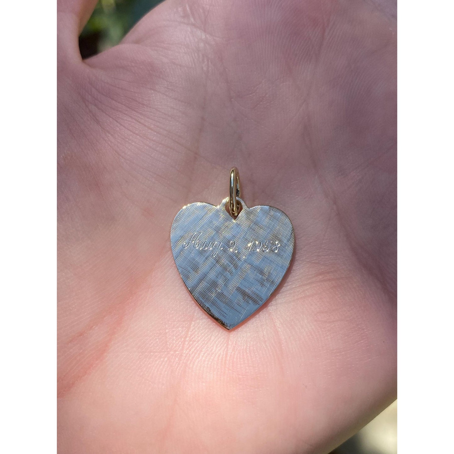Vintage Solid 14k Yellow Gold 'August 9, 1958' Crosshatch Texture Heart Charm