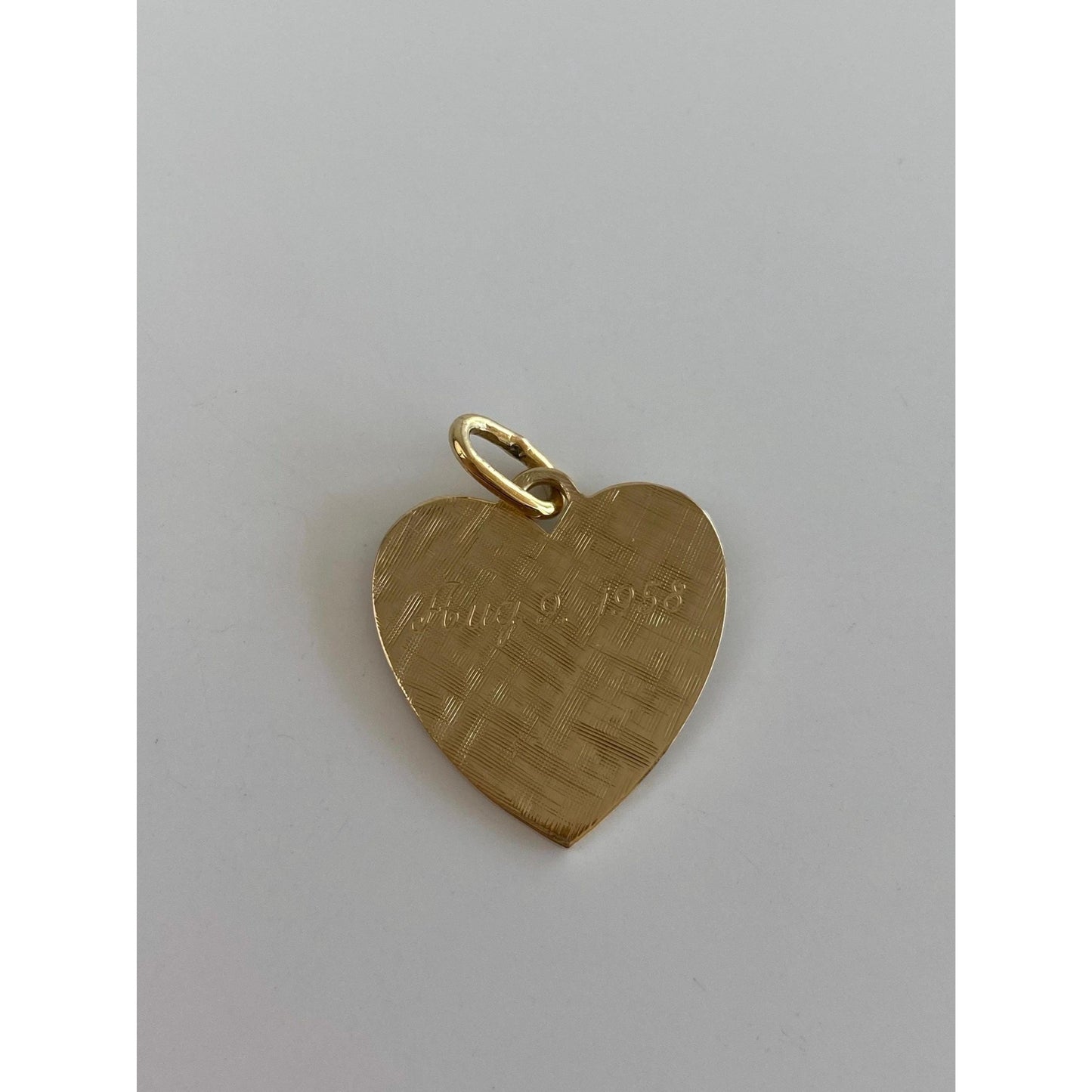 Vintage Solid 14k Yellow Gold 'August 9, 1958' Crosshatch Texture Heart Charm