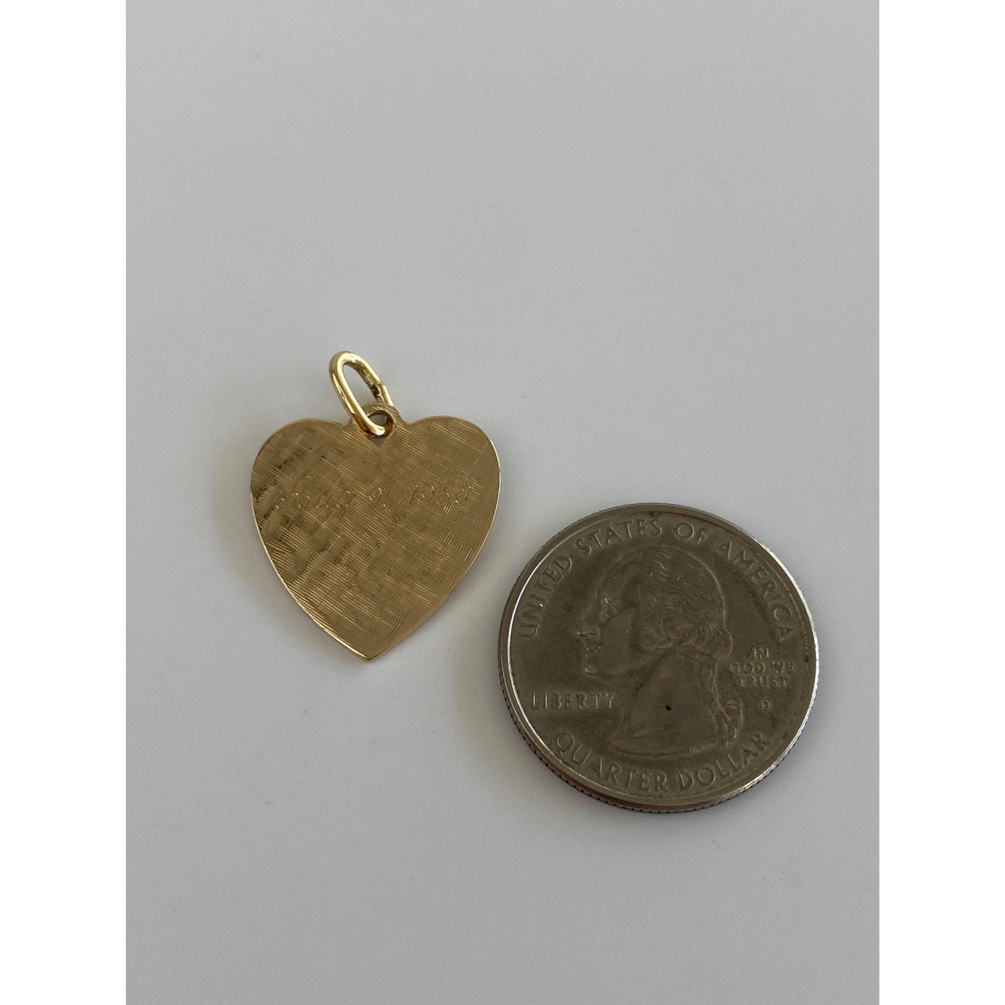 Vintage Solid 14k Yellow Gold 'August 9, 1958' Crosshatch Texture Heart Charm