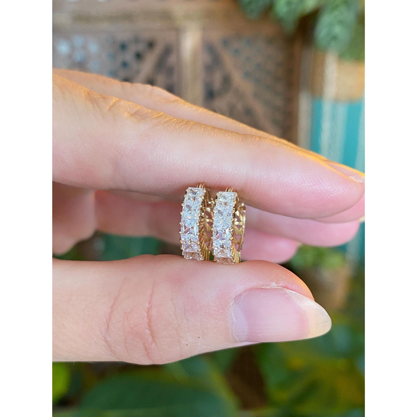 Vintage 14k Yellow Gold Cubic Zirconia Little Hoop Earrings