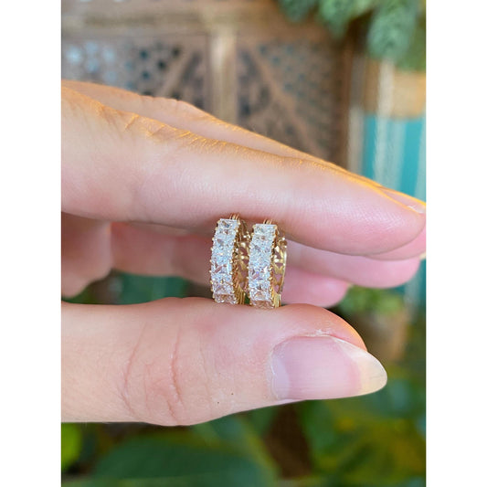 Vintage 14k Yellow Gold Cubic Zirconia Little Hoop Earrings