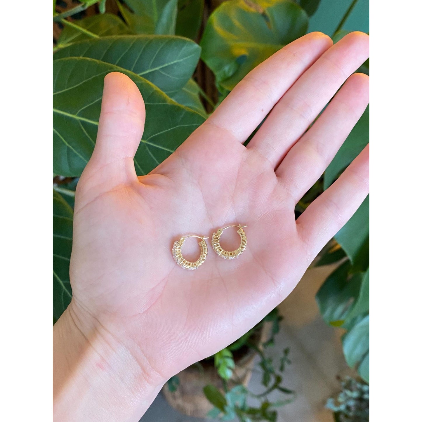 Vintage 14k Yellow Gold Cubic Zirconia Little Hoop Earrings