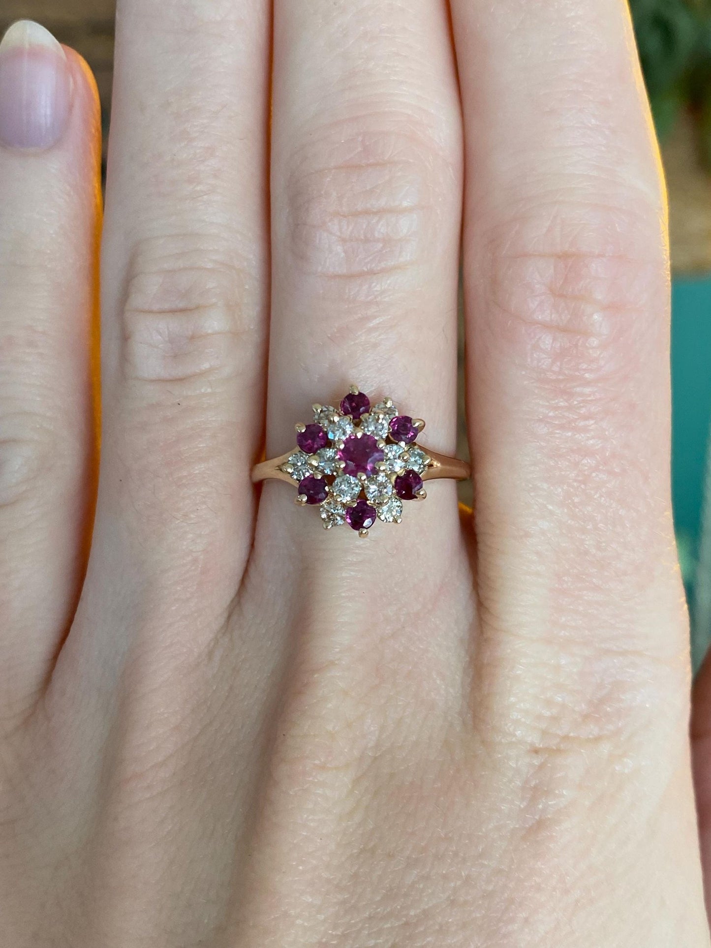 Vintage Solid 14k Yellow Gold Diamond Ruby Cluster Ring - Size 7