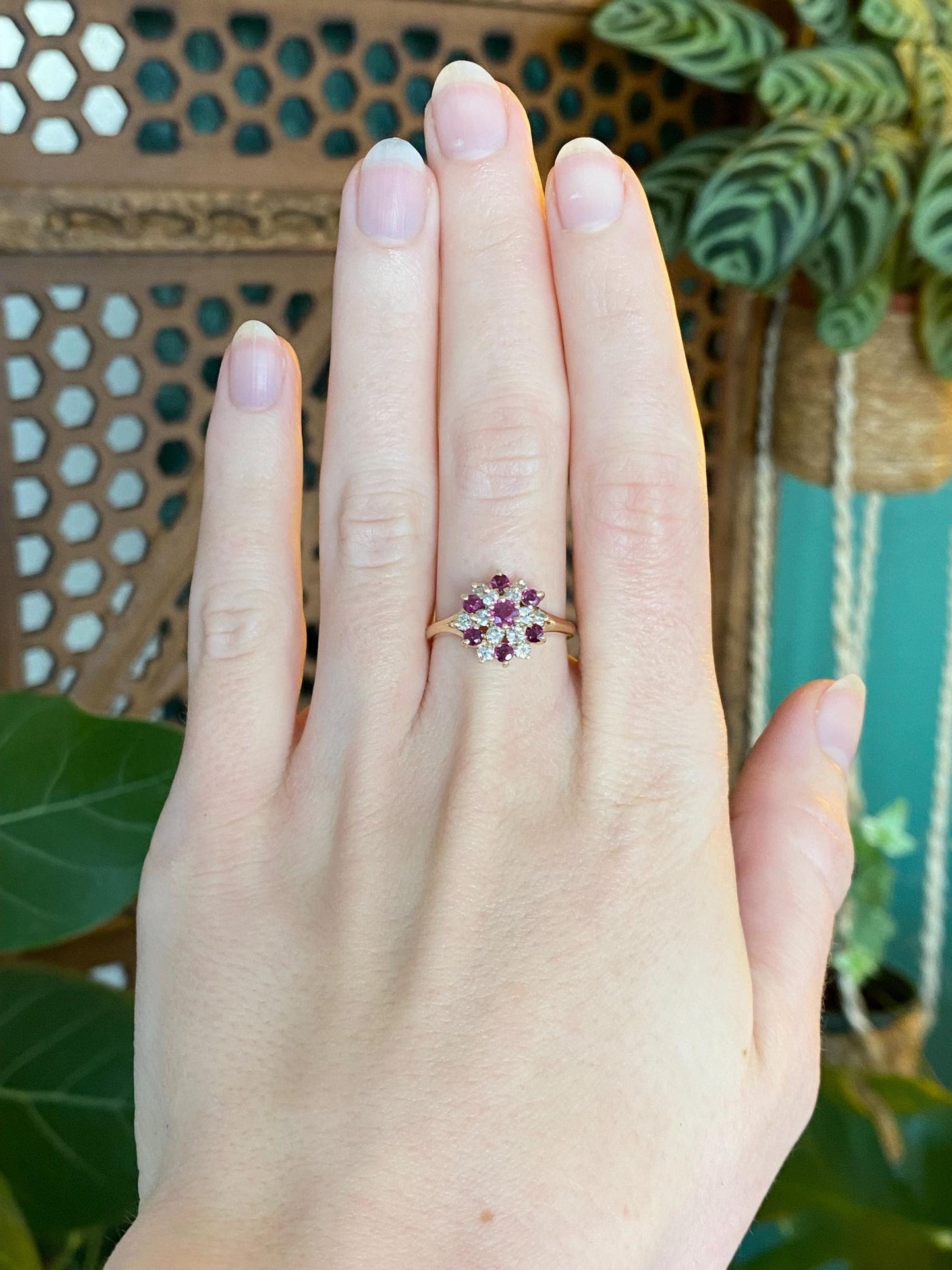 Vintage Solid 14k Yellow Gold Diamond Ruby Cluster Ring - Size 7