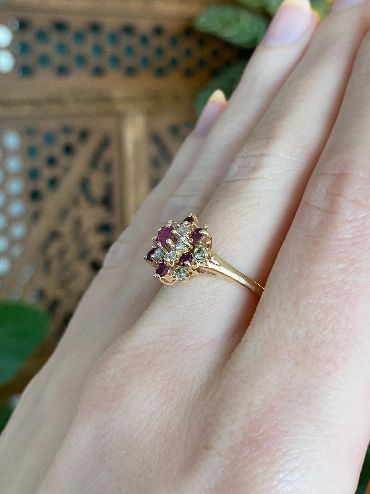 Vintage Solid 14k Yellow Gold Diamond Ruby Cluster Ring - Size 7