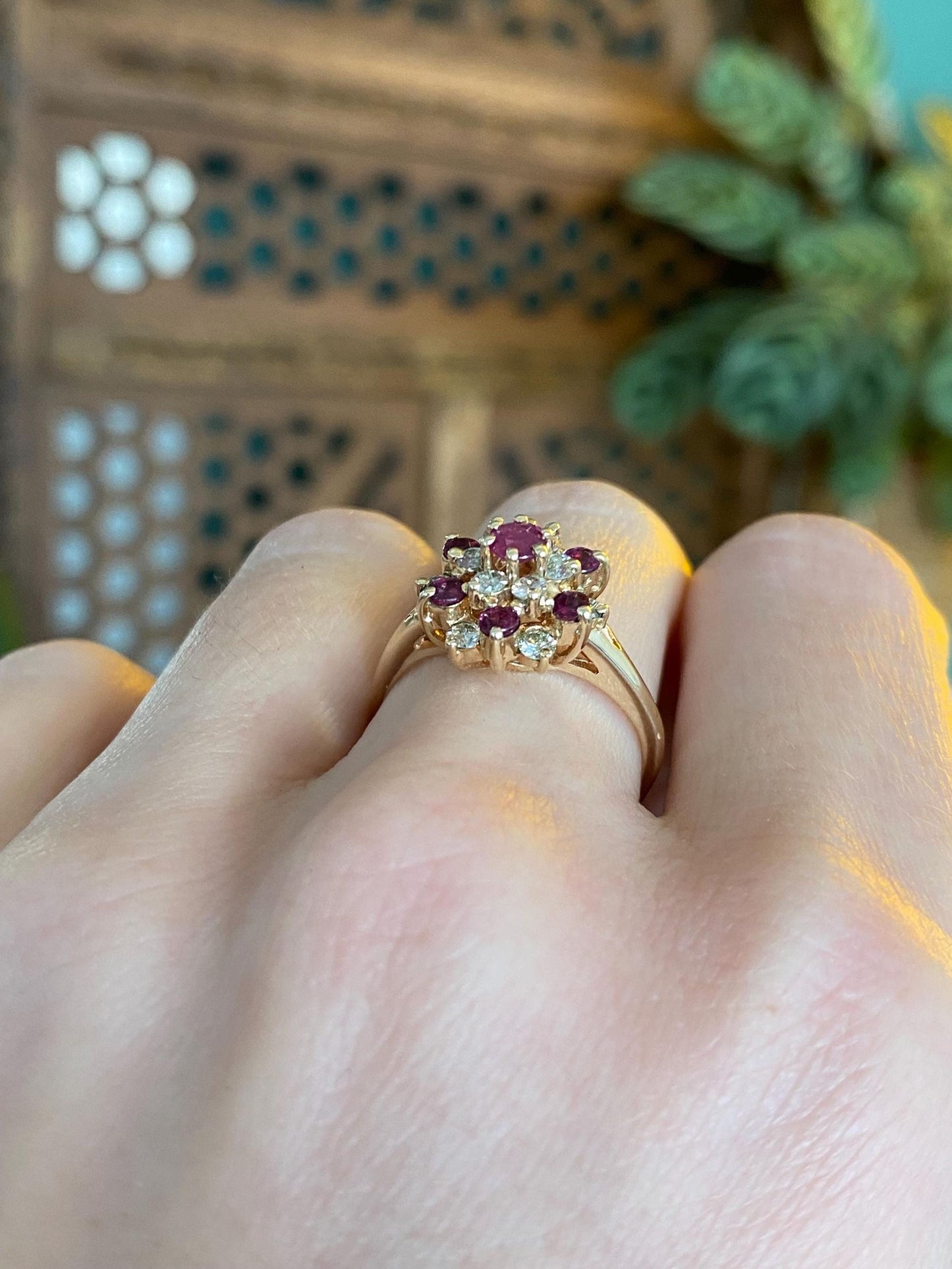 Vintage Solid 14k Yellow Gold Diamond Ruby Cluster Ring - Size 7
