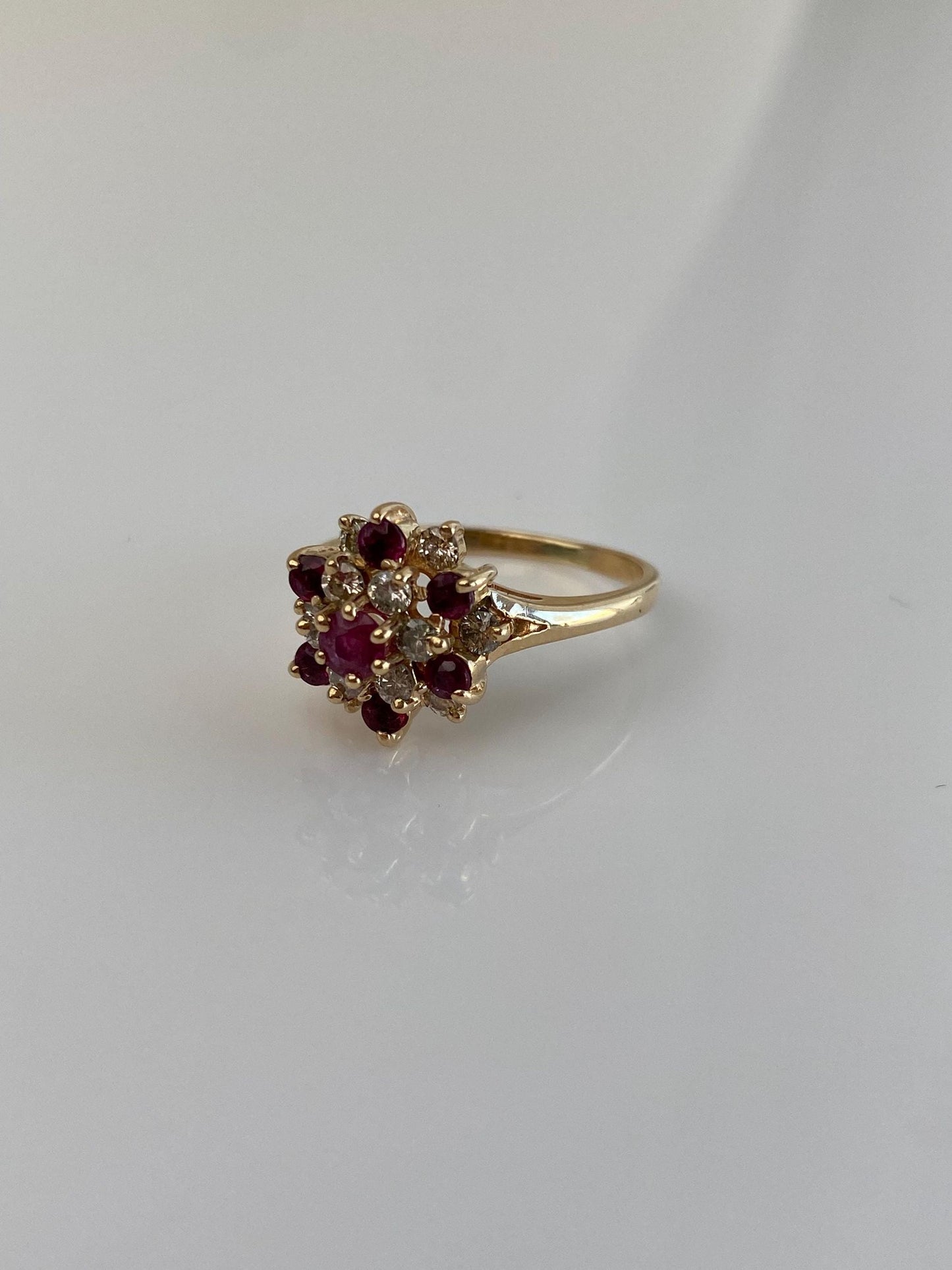 Vintage Solid 14k Yellow Gold Diamond Ruby Cluster Ring - Size 7