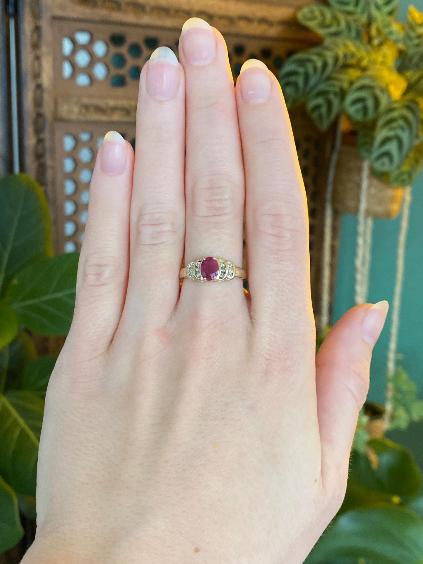 Vintage Solid 14k Yellow Gold Diamond Ruby Ring - Size 6.75