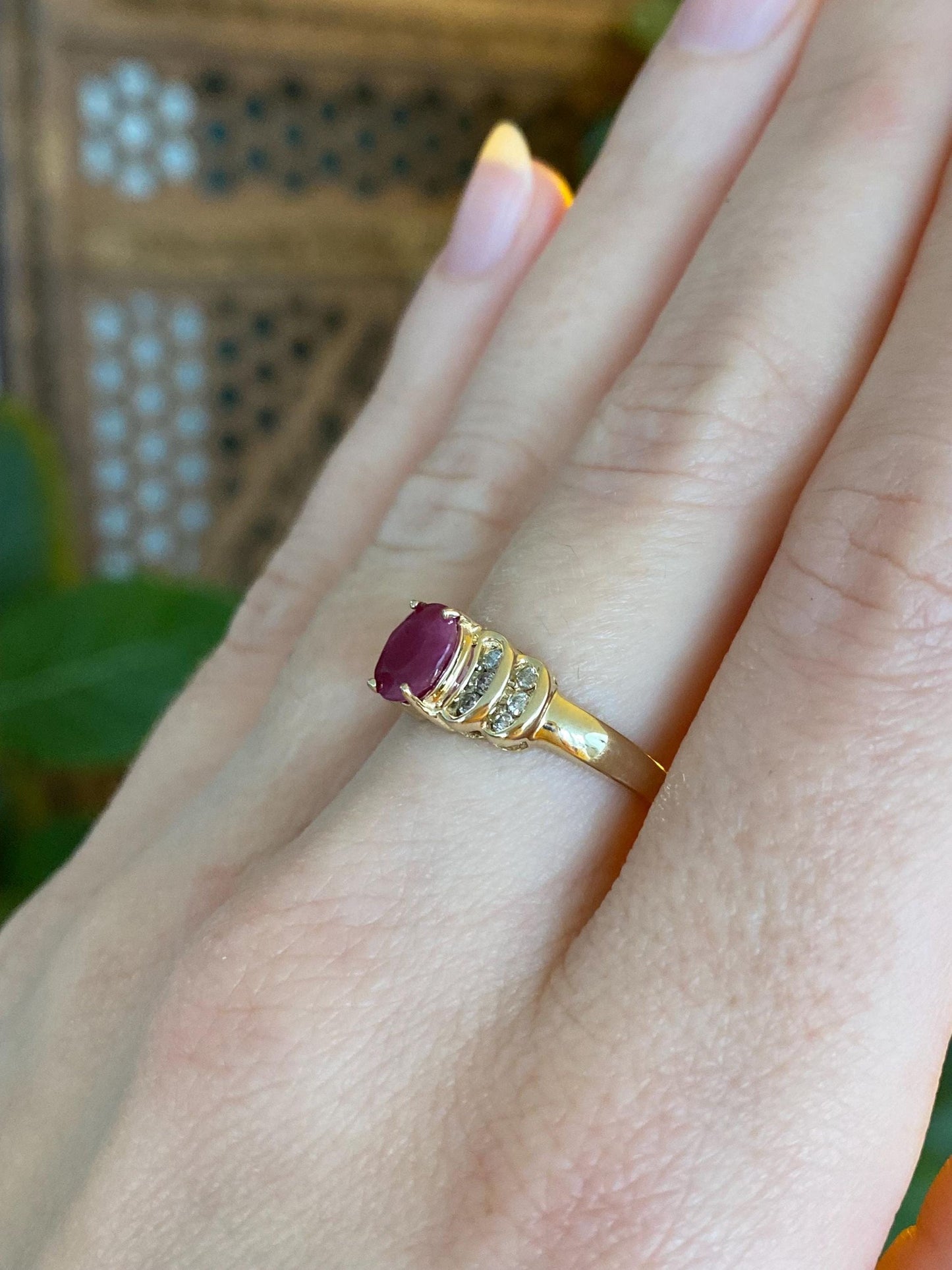 Vintage Solid 14k Yellow Gold Diamond Ruby Ring - Size 6.75