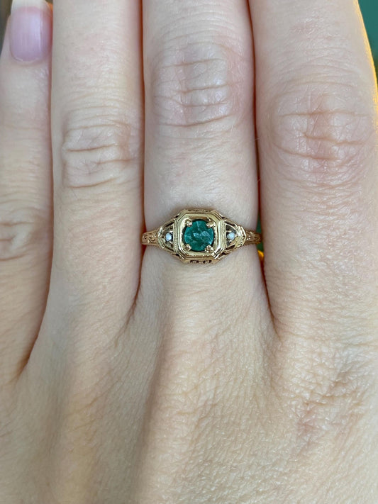 Vintage Solid 14k Yellow Gold Emerald Seed Pearl Art Deco Ring - Size 6.5