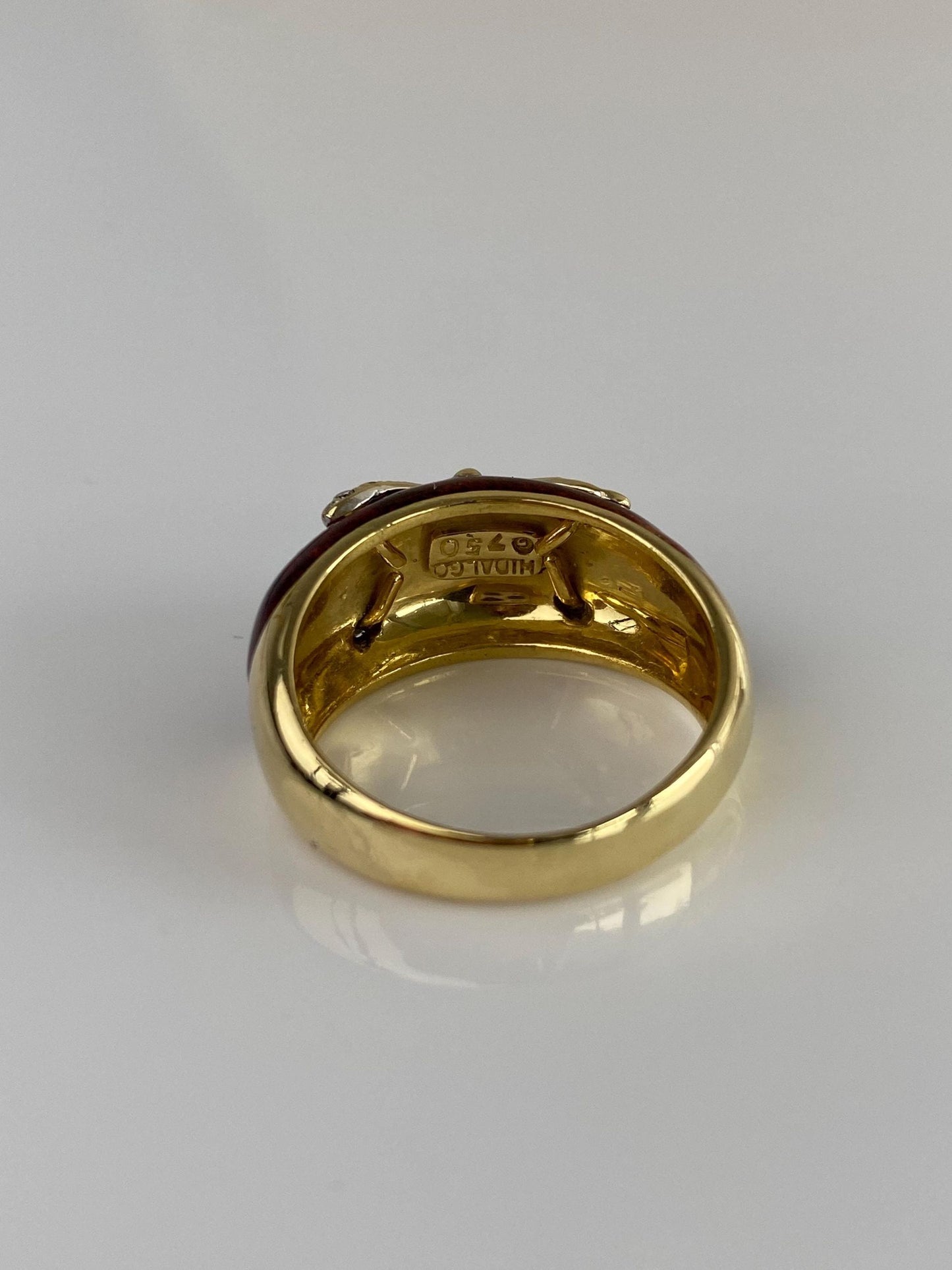 Vintage Solid 18k White & Yellow Gold Diamond Red Enamel Ring Band - Size 8