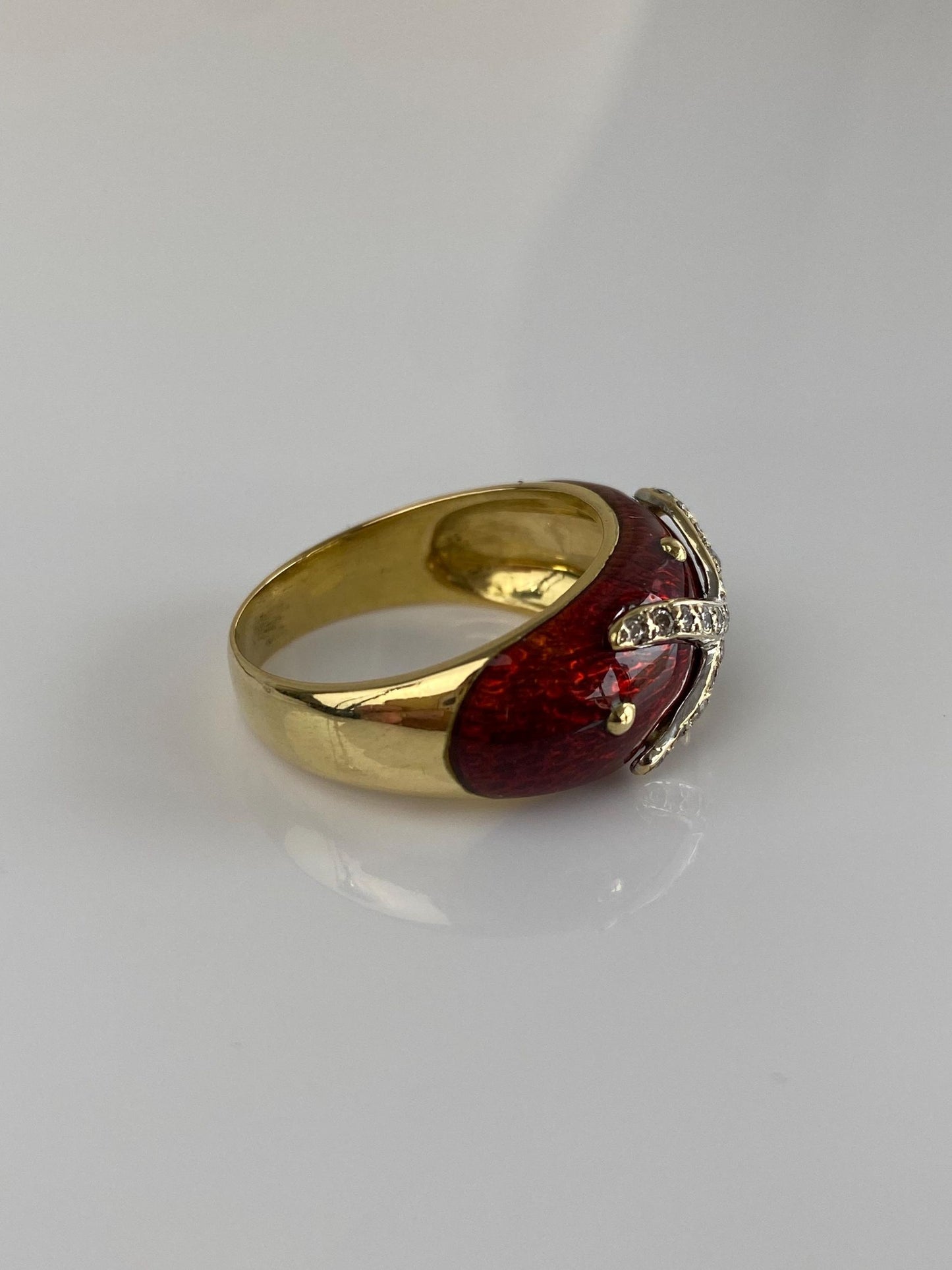 Vintage Solid 18k White & Yellow Gold Diamond Red Enamel Ring Band - Size 8