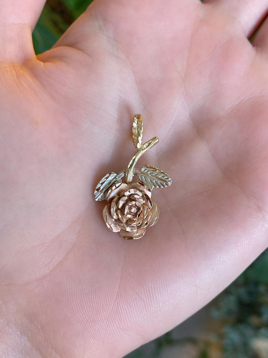 Vintage Solid 14k Tri Tone Gold Diamond Cut Rose Charm