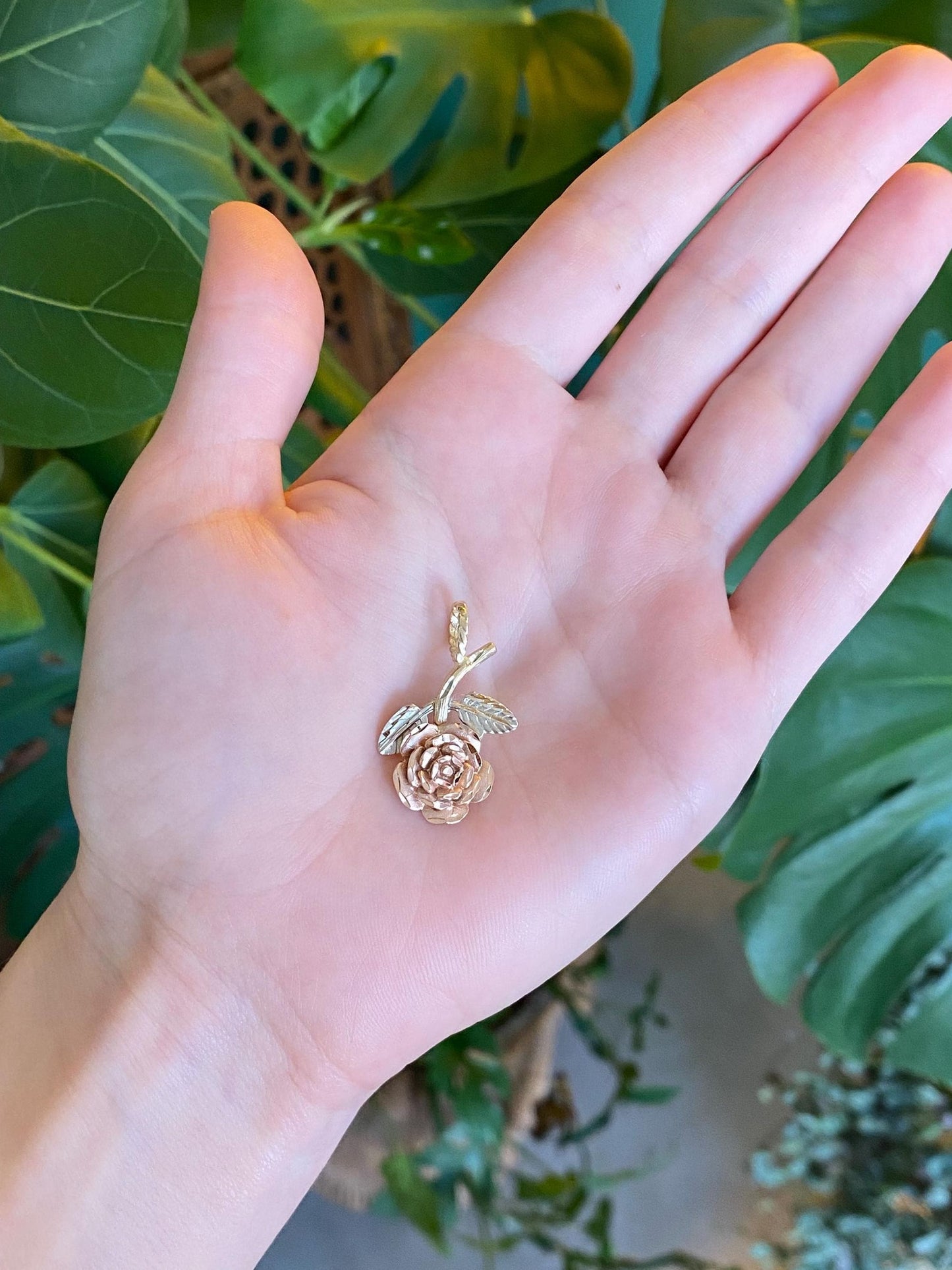 Vintage Solid 14k Tri Tone Gold Diamond Cut Rose Charm