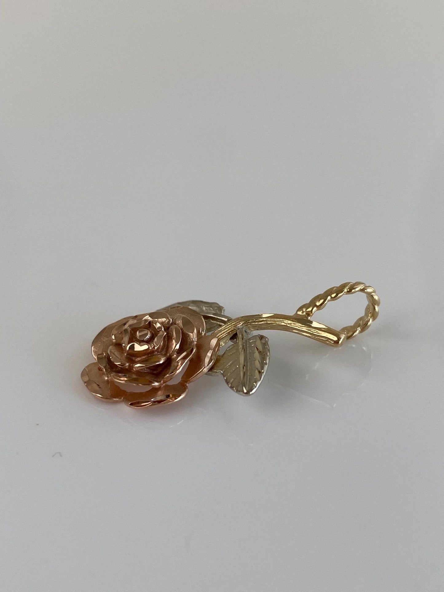 Vintage Solid 14k Tri Tone Gold Diamond Cut Rose Charm