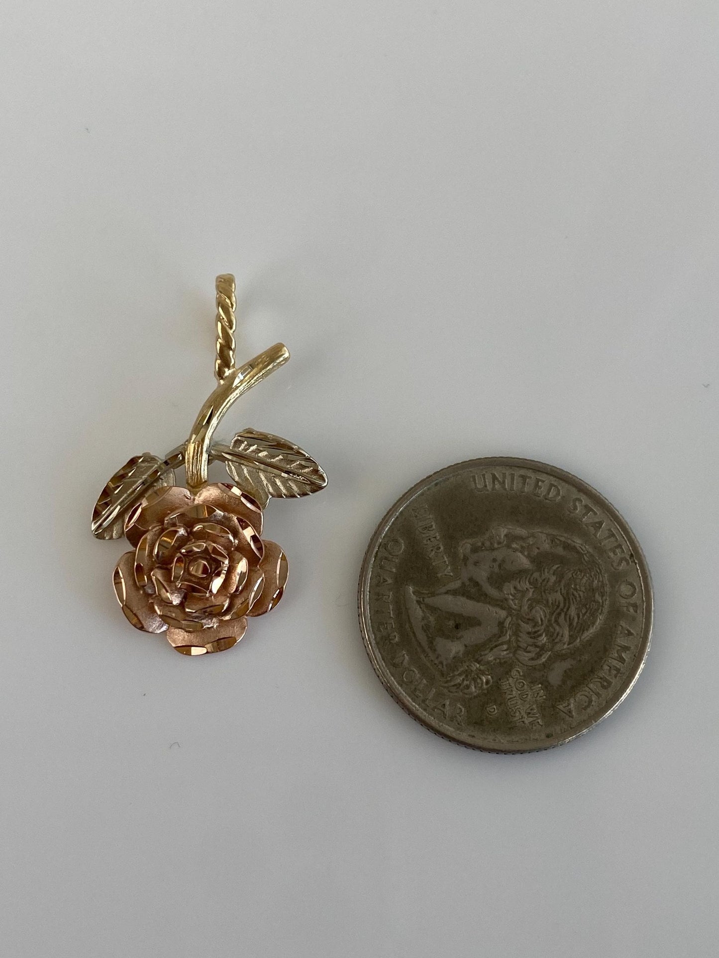 Vintage Solid 14k Tri Tone Gold Diamond Cut Rose Charm