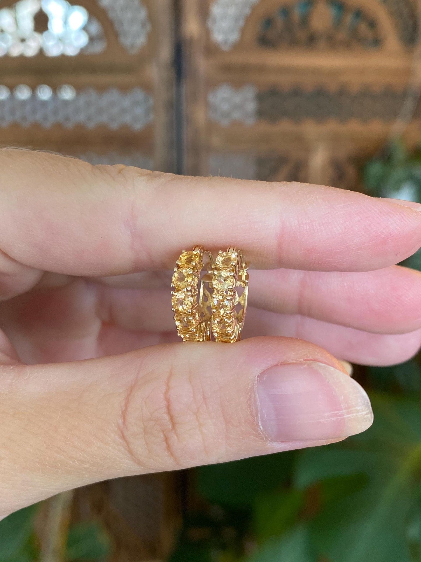 Vintage Solid 14k Yellow Gold Citrine Hoop Earrings
