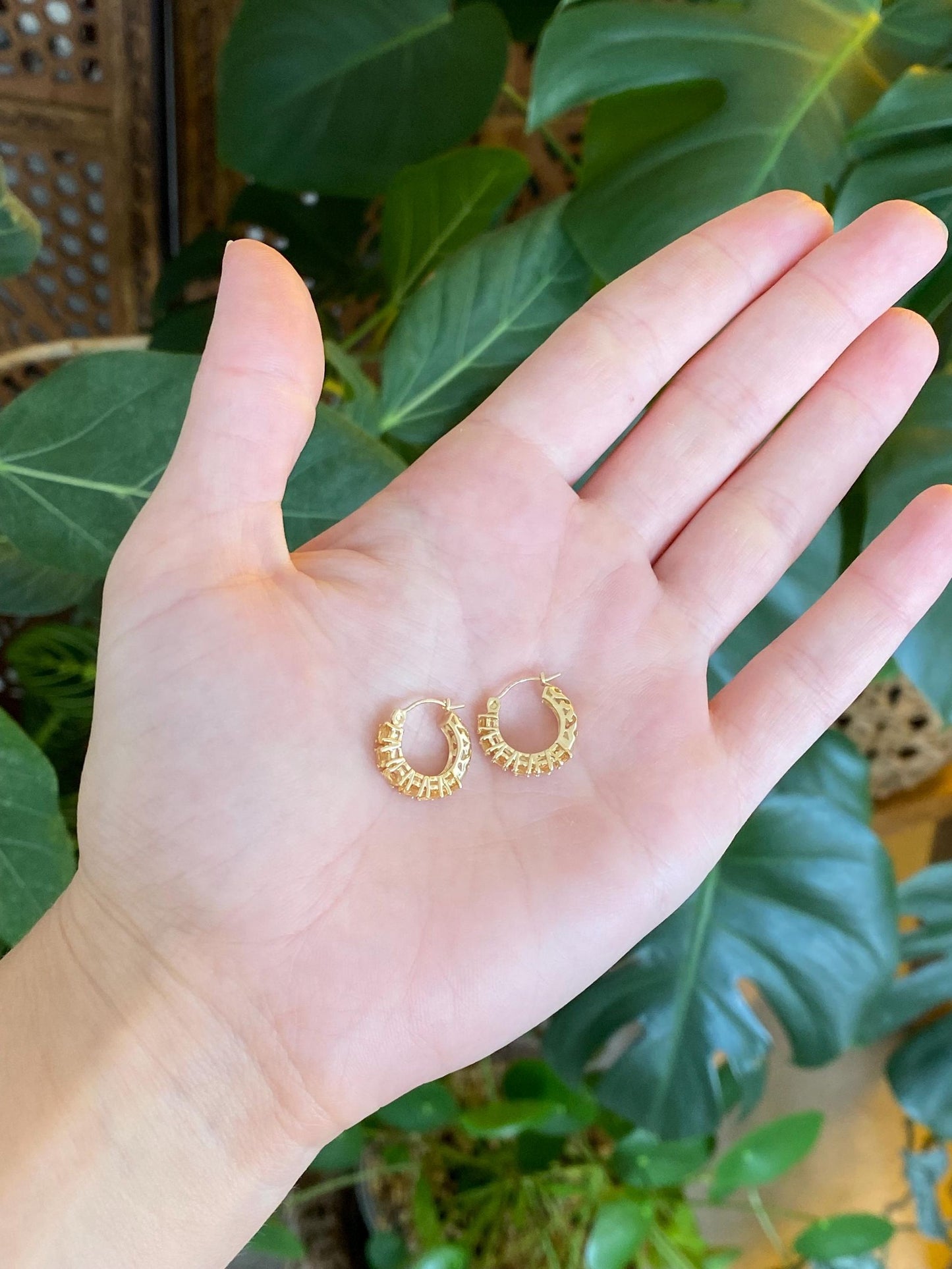Vintage Solid 14k Yellow Gold Citrine Hoop Earrings