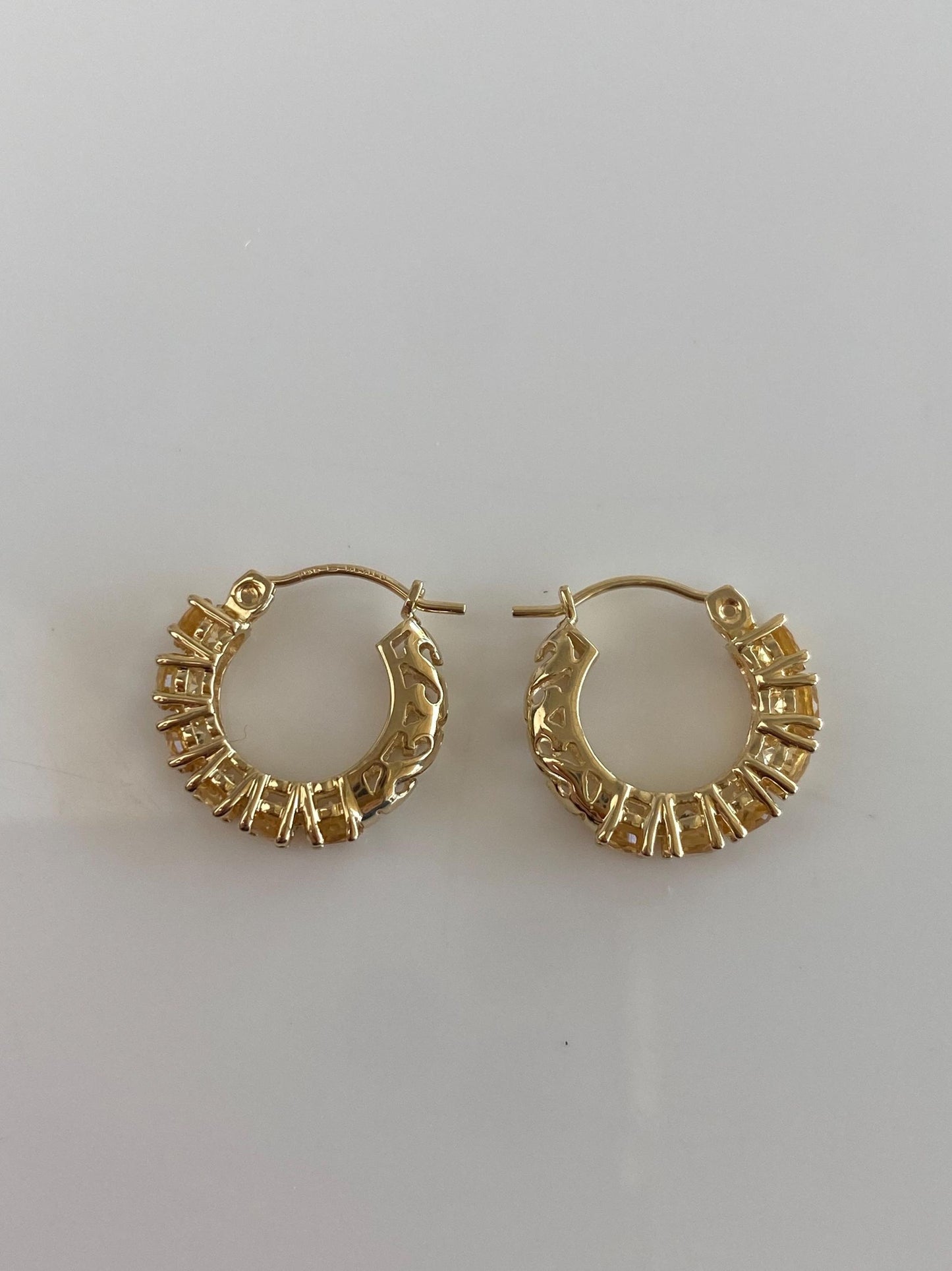 Vintage Solid 14k Yellow Gold Citrine Hoop Earrings