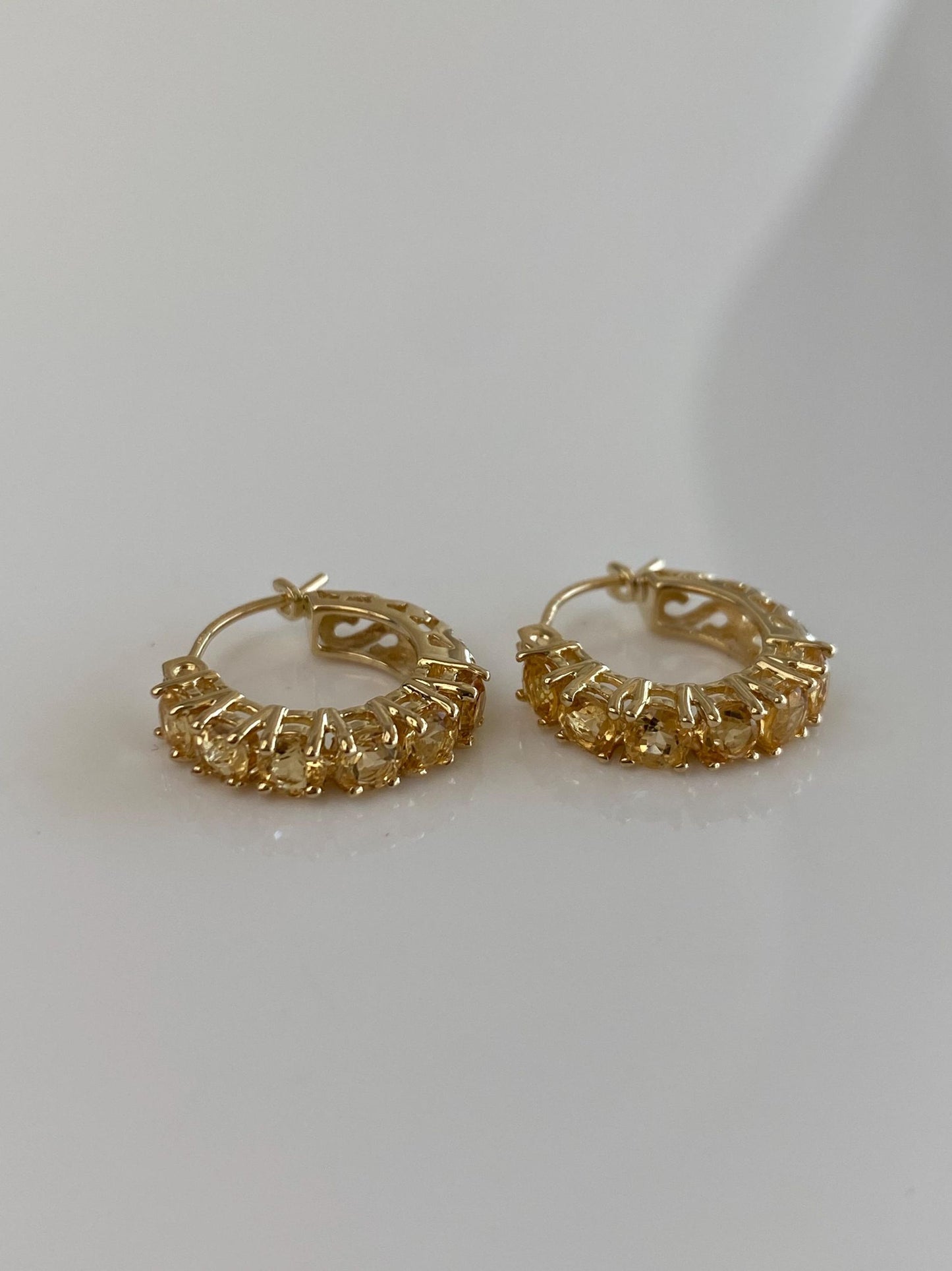 Vintage Solid 14k Yellow Gold Citrine Hoop Earrings