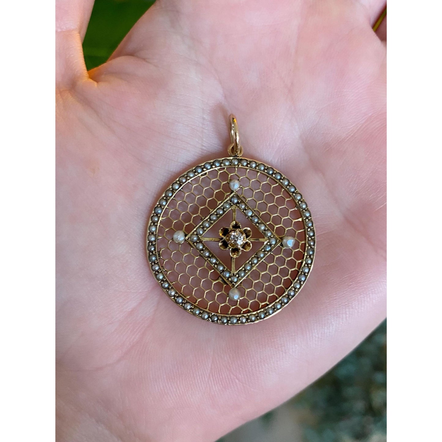 Vintage Solid 10k Yellow Gold Diamond Seed Pearl Halo Honeycomb Open Work Charm