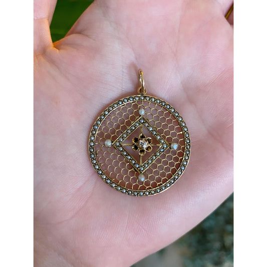 Vintage Solid 10k Yellow Gold Diamond Seed Pearl Halo Honeycomb Open Work Charm