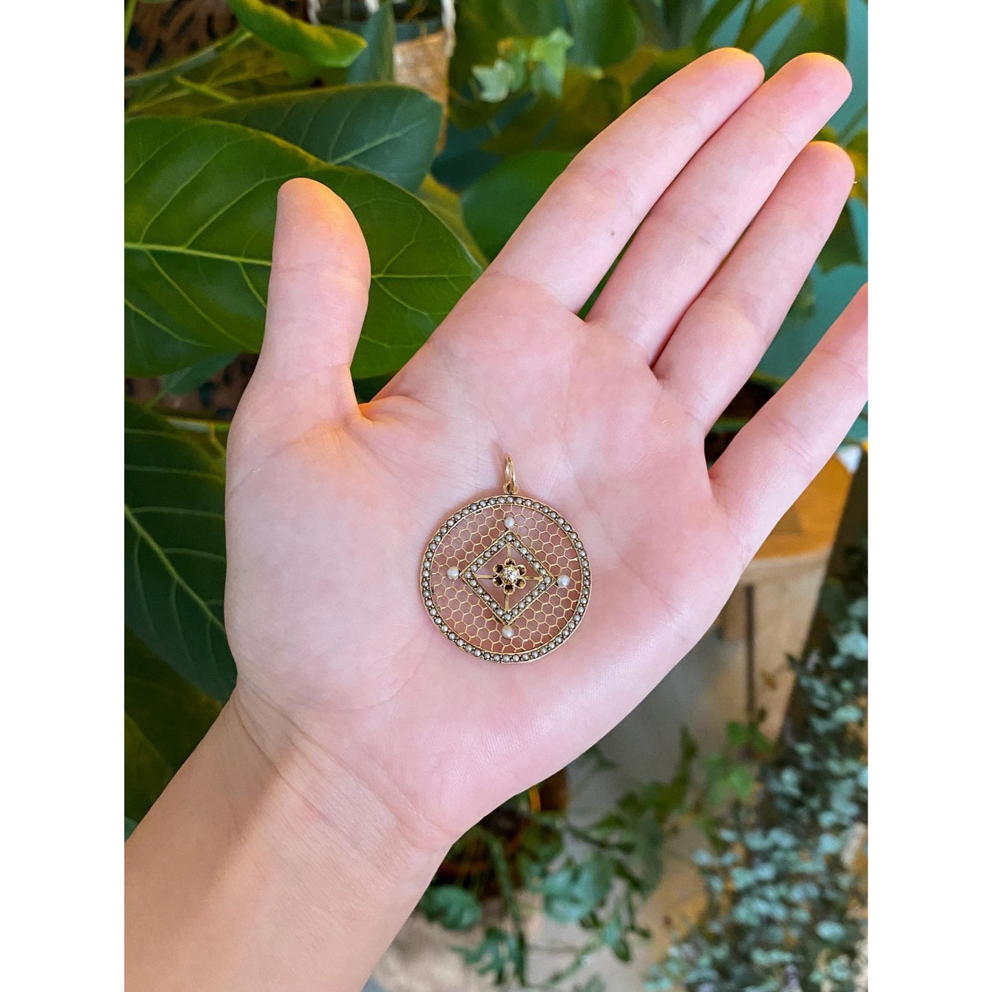 Vintage Solid 10k Yellow Gold Diamond Seed Pearl Halo Honeycomb Open Work Charm