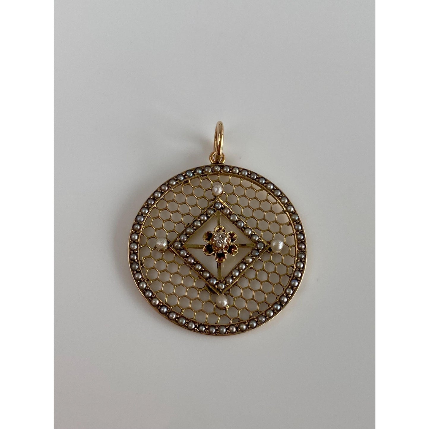 Vintage Solid 10k Yellow Gold Diamond Seed Pearl Halo Honeycomb Open Work Charm