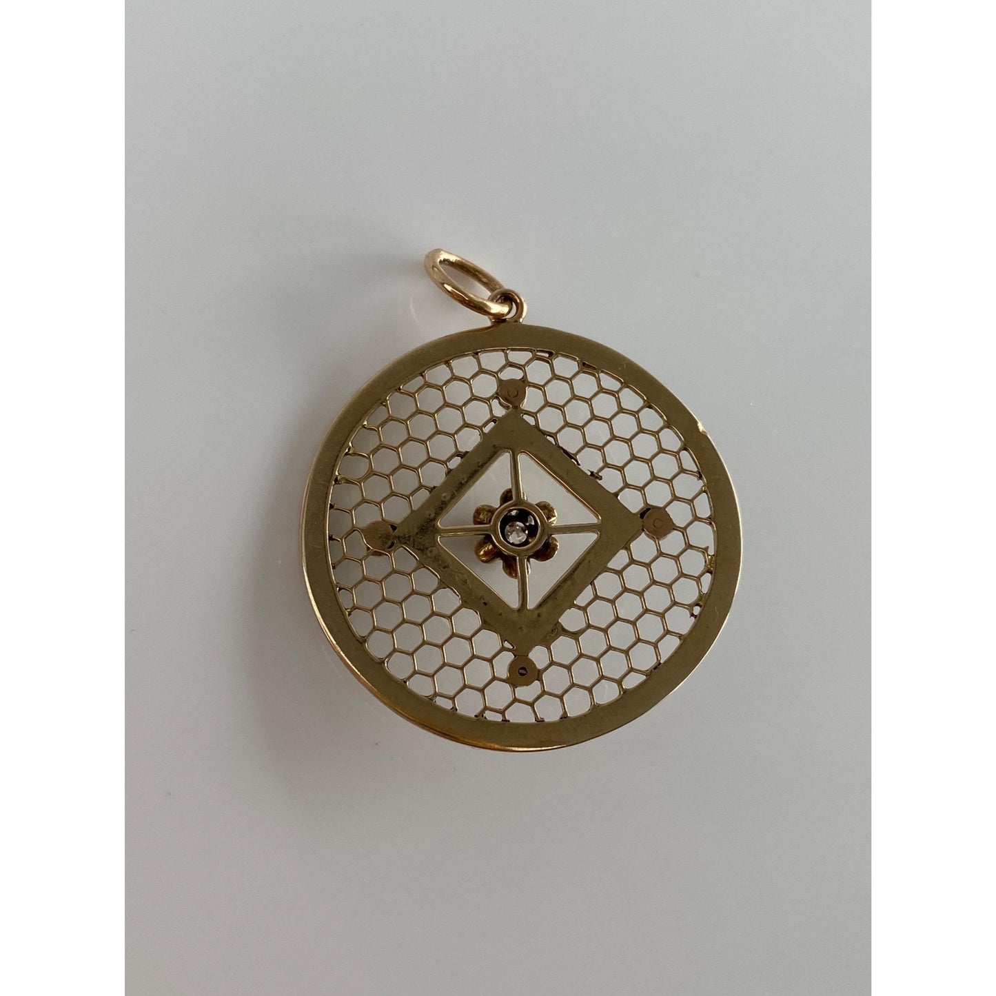 Vintage Solid 10k Yellow Gold Diamond Seed Pearl Halo Honeycomb Open Work Charm