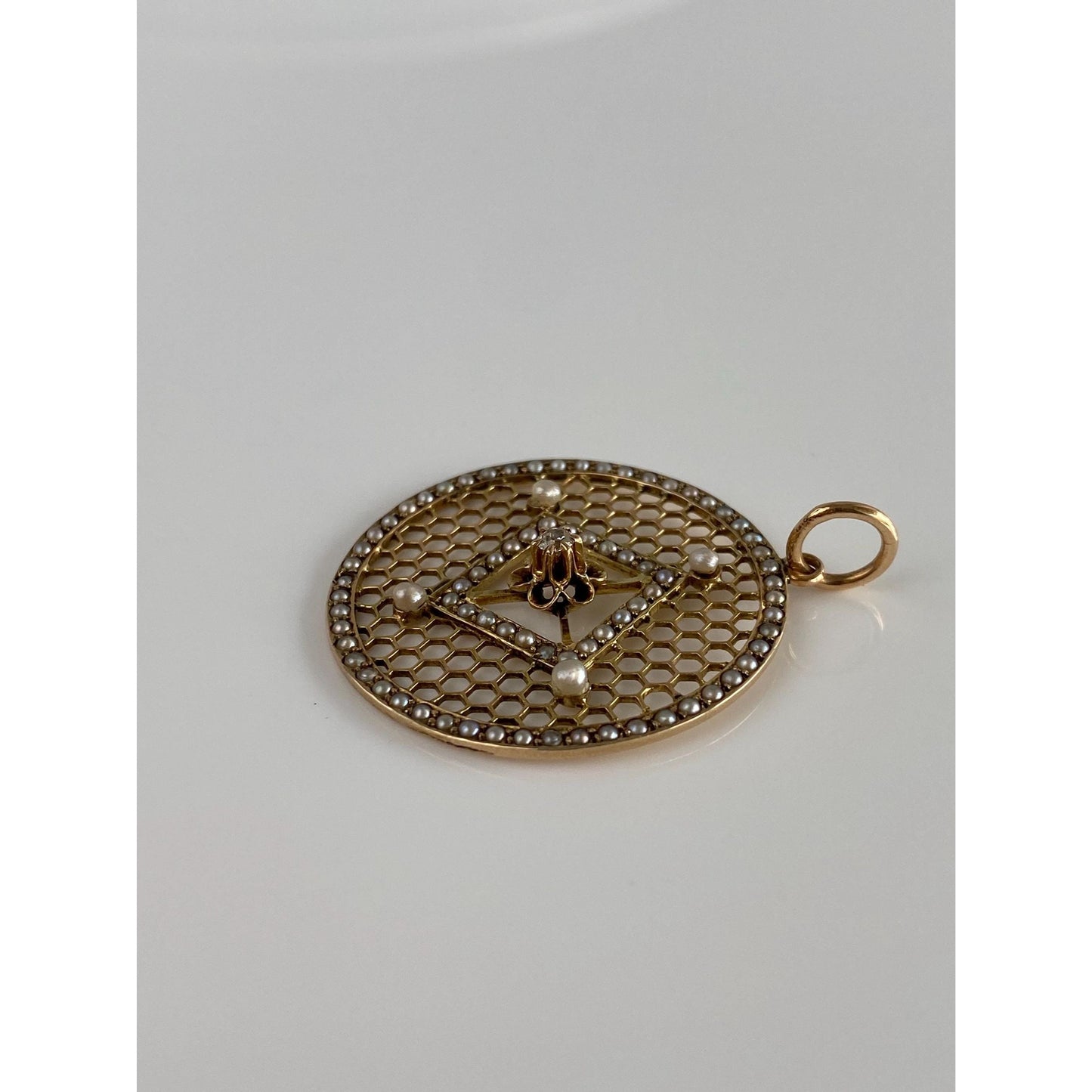 Vintage Solid 10k Yellow Gold Diamond Seed Pearl Halo Honeycomb Open Work Charm