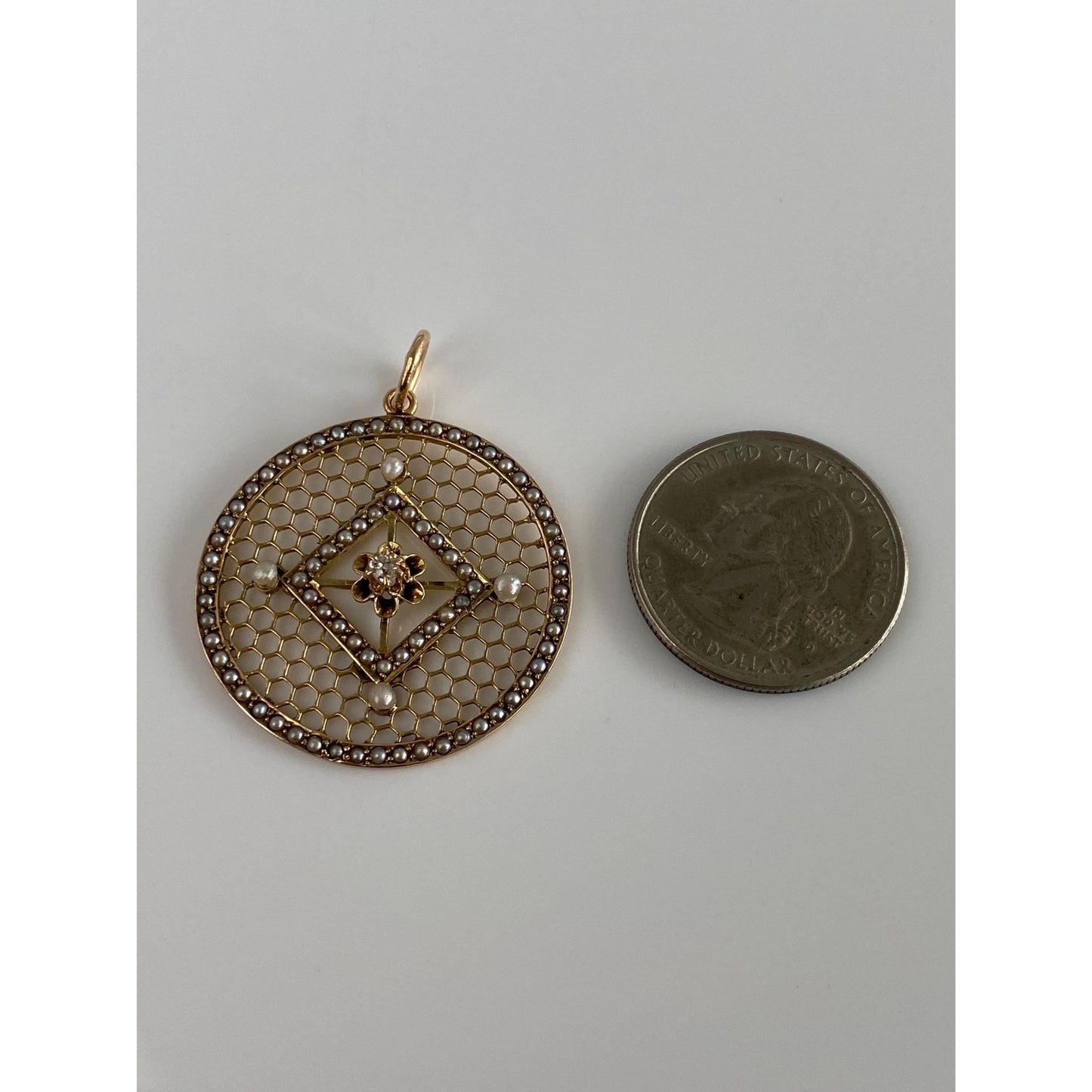 Vintage Solid 10k Yellow Gold Diamond Seed Pearl Halo Honeycomb Open Work Charm