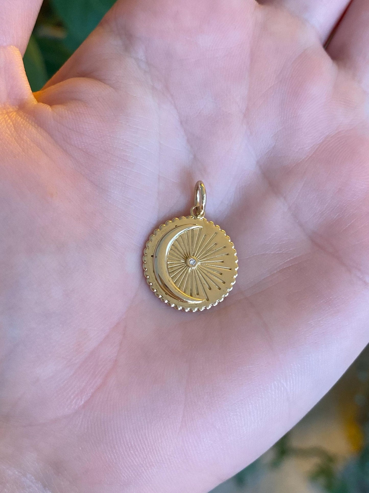 Vintage Solid 14k Yellow Gold Diamond Moon Charm