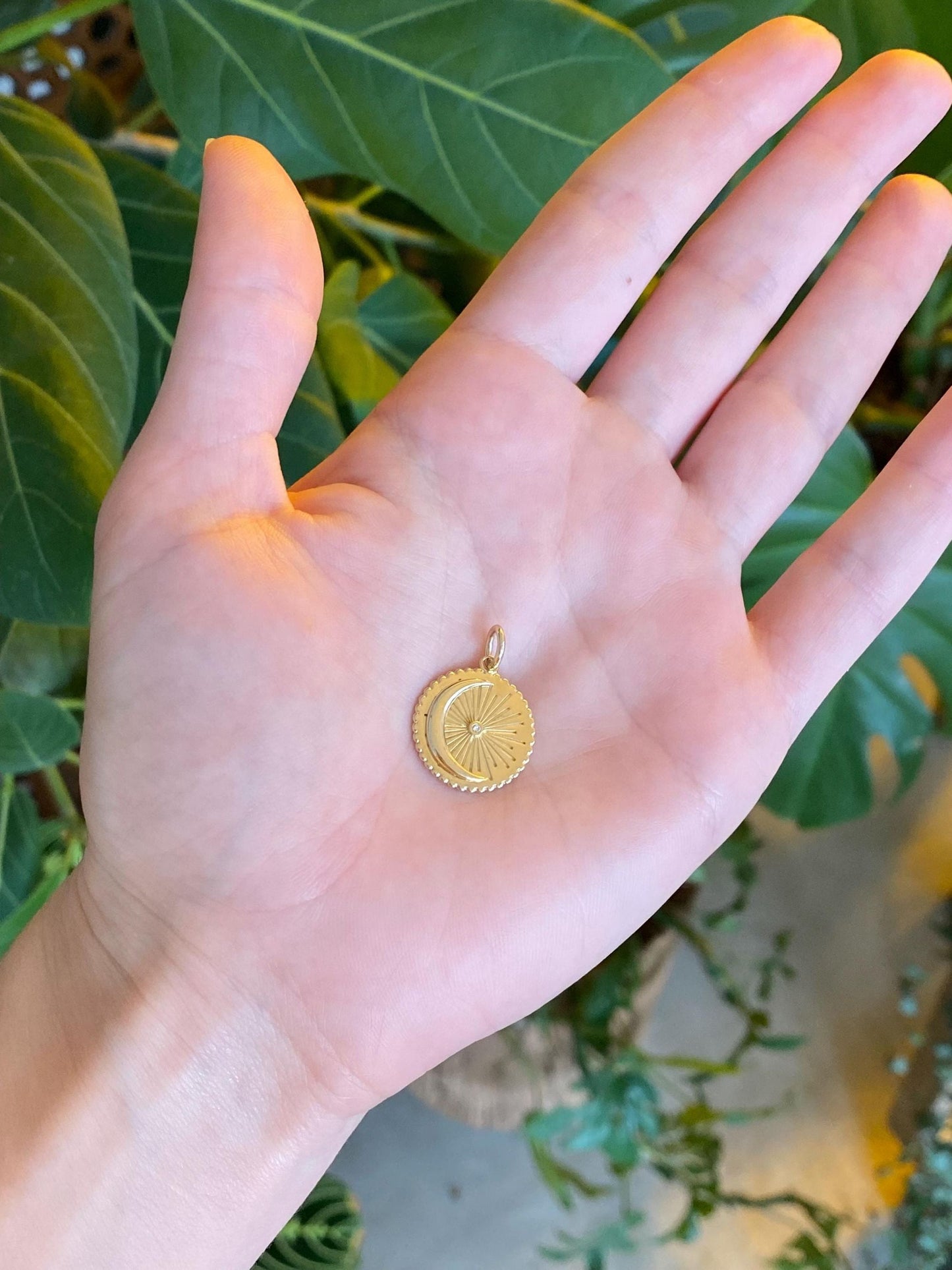 Vintage Solid 14k Yellow Gold Diamond Moon Charm