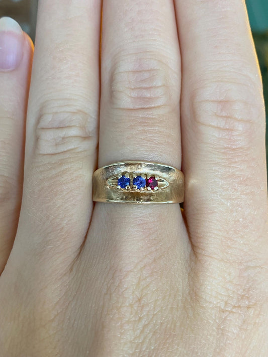 Vintage Solid 10k Yellow Gold Blue Sapphire Purple Red Spinel Ring Band - Size 6.75