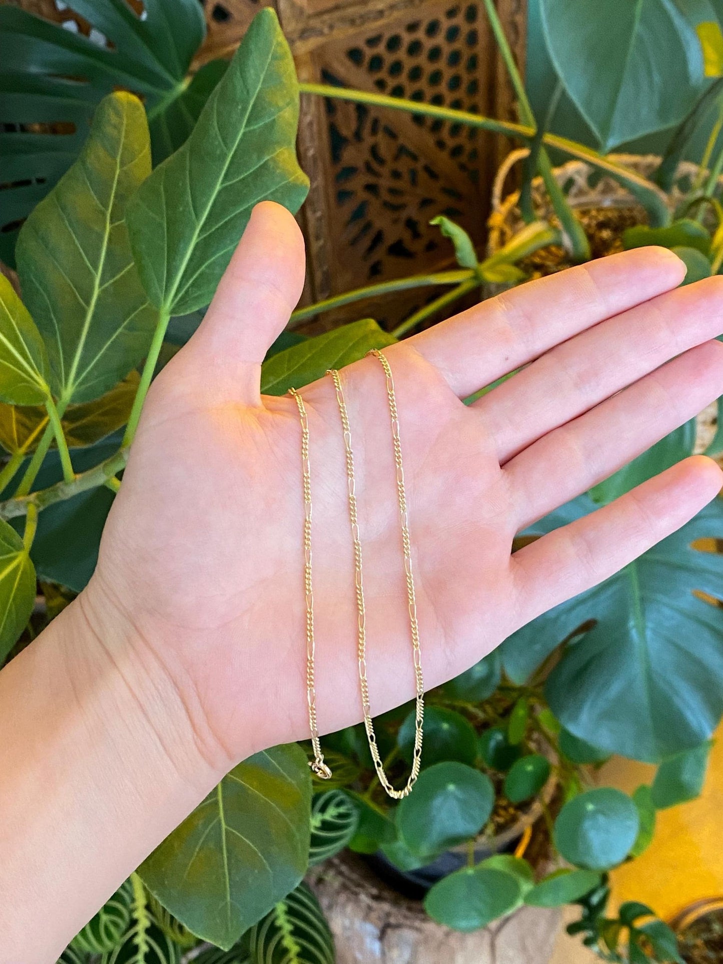 Vintage Solid 14k Yellow Gold Dainty Figaro Chain Necklace - 17 inches