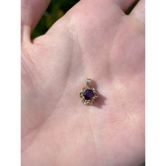 Vintage Solid 14k Yellow Gold Purple Spinel Flower Charm