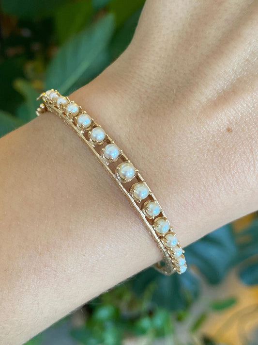 Vintage Solid 14k Yellow Gold Pearls Open Work Engraved Bangle Bracelet - 6 1/4 Inches