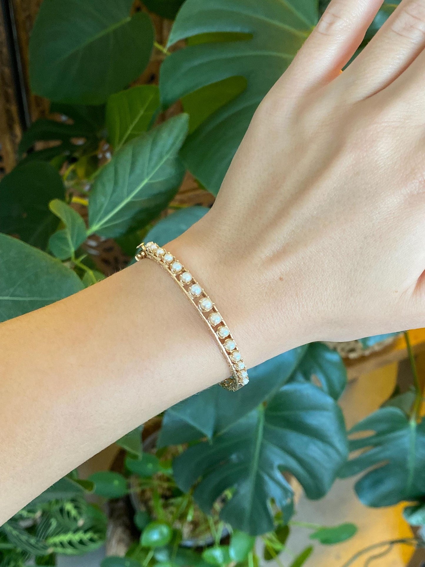 Vintage Solid 14k Yellow Gold Pearls Open Work Engraved Bangle Bracelet - 6 1/4 Inches