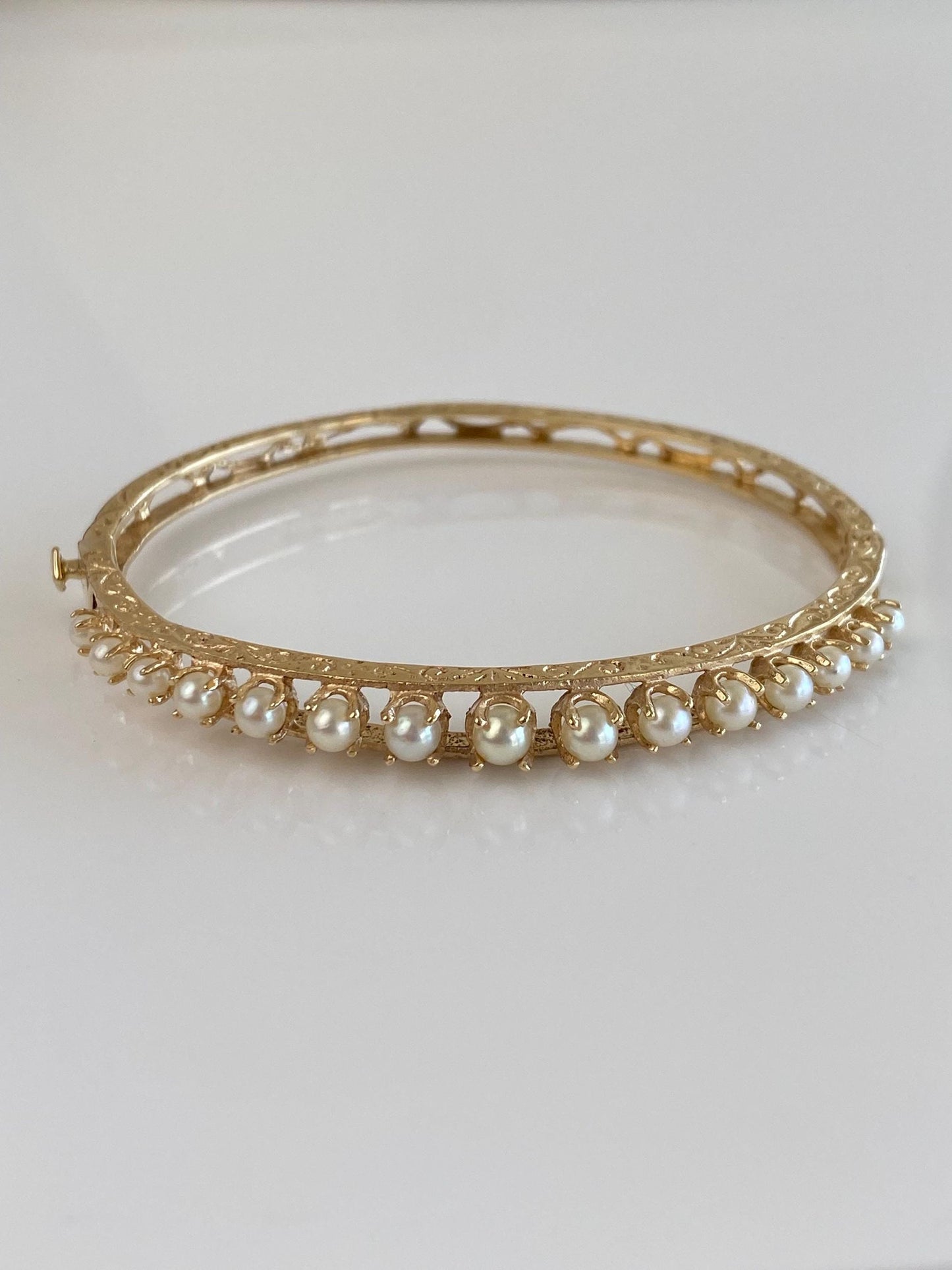 Vintage Solid 14k Yellow Gold Pearls Open Work Engraved Bangle Bracelet - 6 1/4 Inches