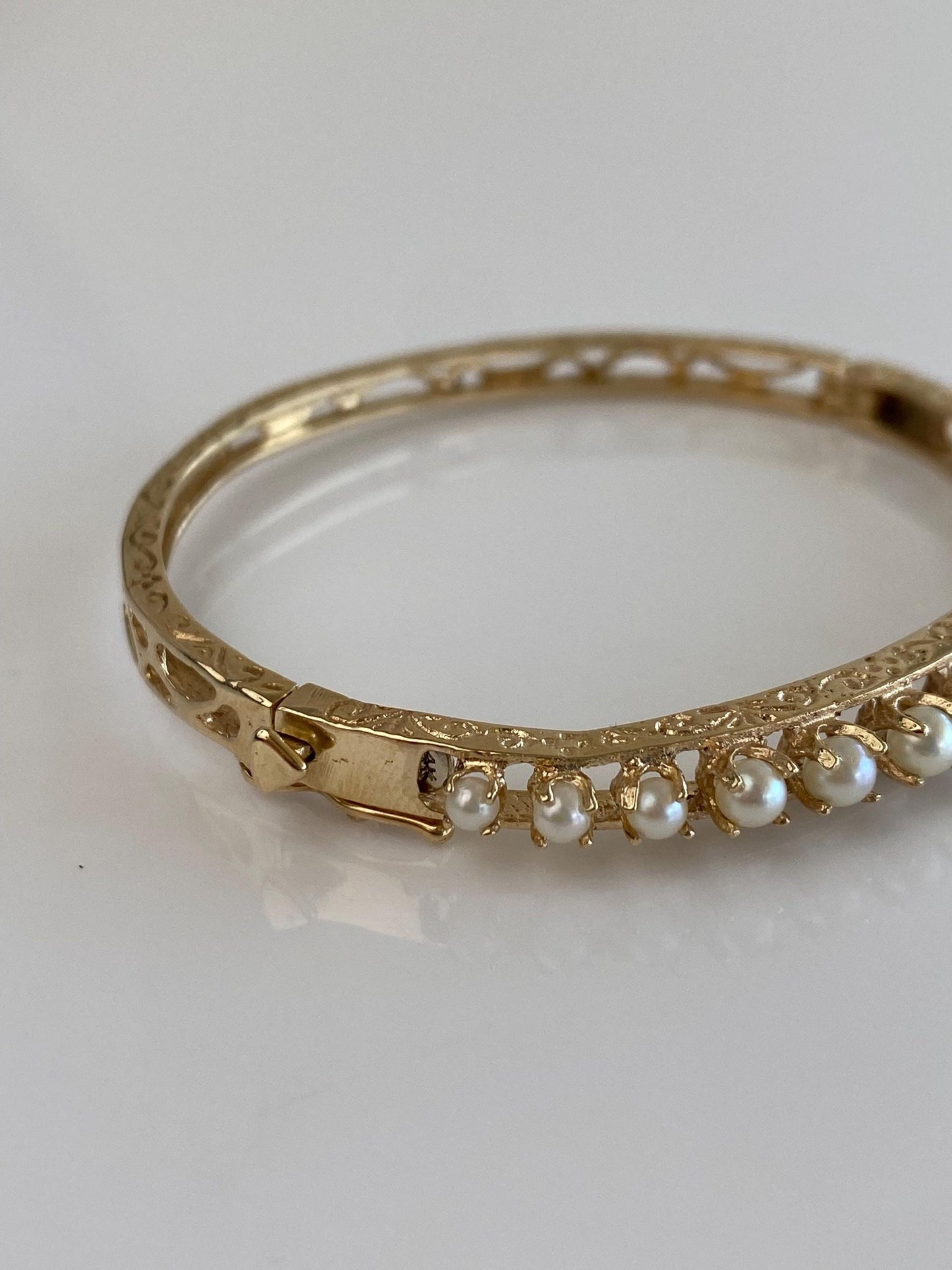 Vintage Solid 14k Yellow Gold Pearls Open Work Engraved Bangle Bracelet - 6 1/4 Inches