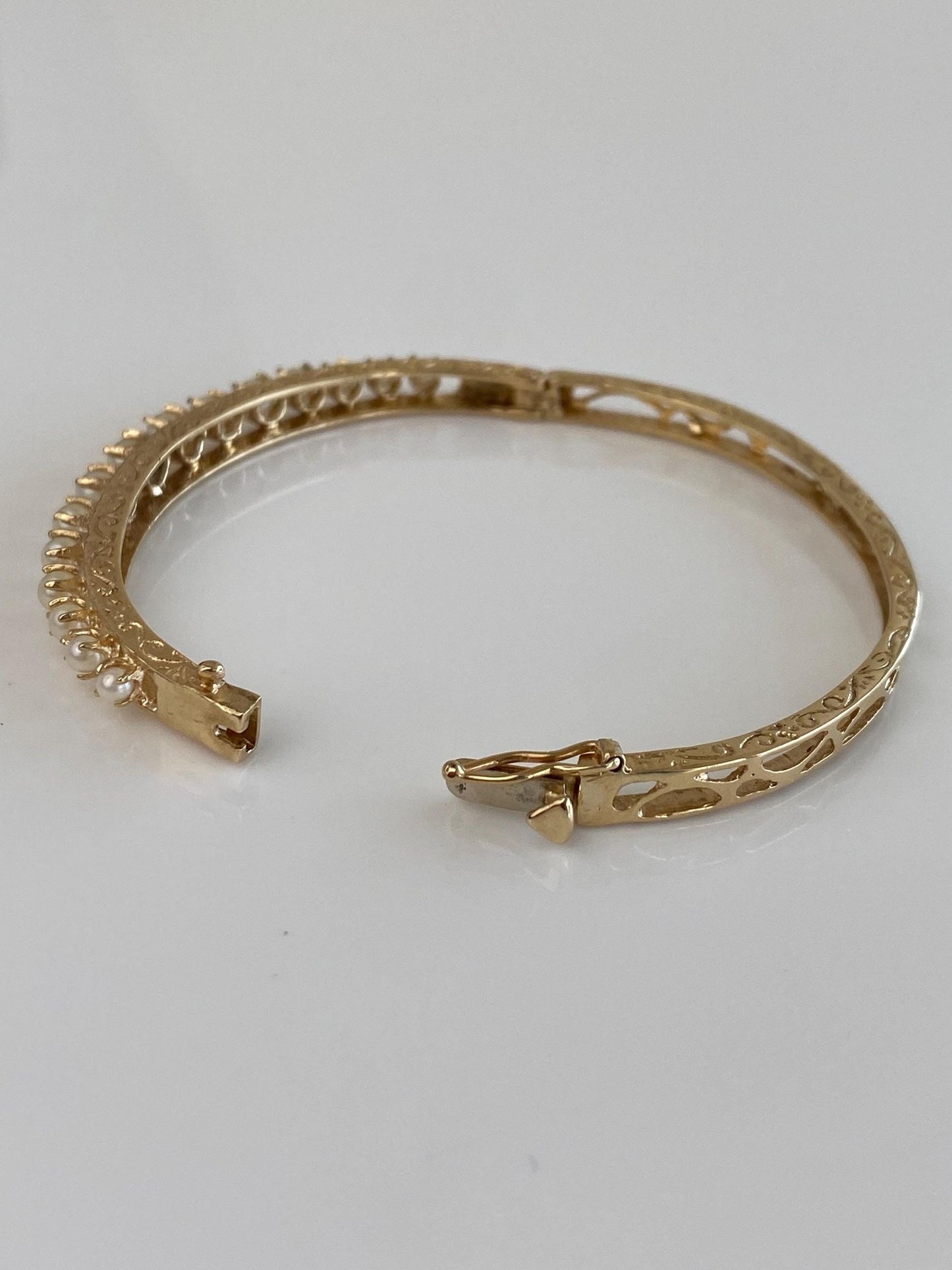 Vintage Solid 14k Yellow Gold Pearls Open Work Engraved Bangle Bracelet - 6 1/4 Inches