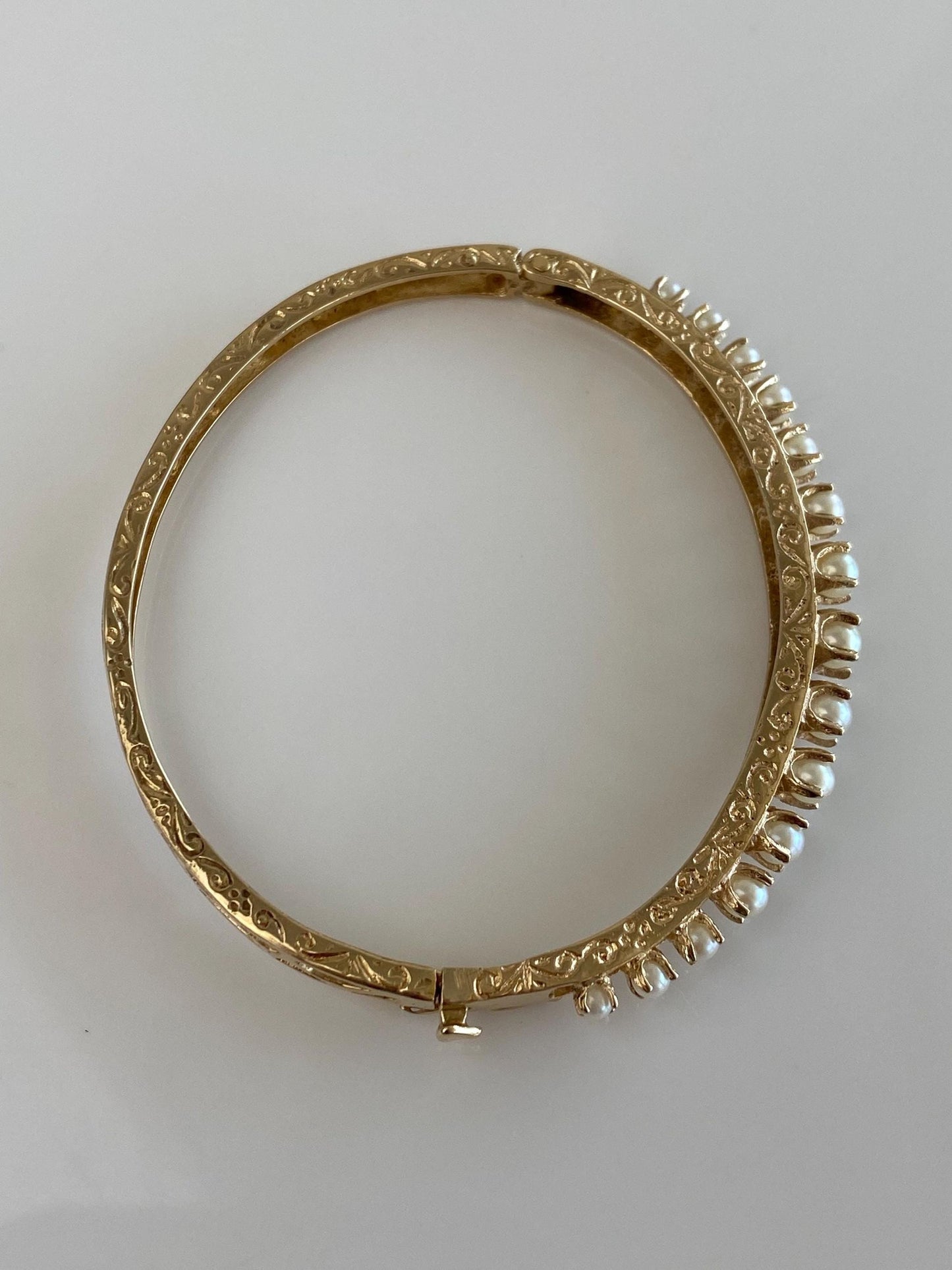 Vintage Solid 14k Yellow Gold Pearls Open Work Engraved Bangle Bracelet - 6 1/4 Inches