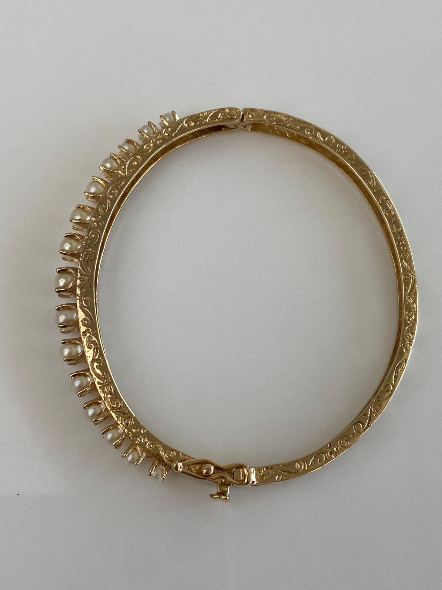 Vintage Solid 14k Yellow Gold Pearls Open Work Engraved Bangle Bracelet - 6 1/4 Inches