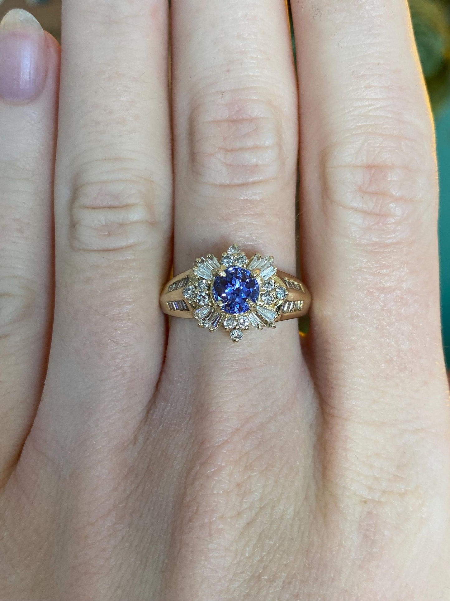 Vintage Solid 14k Yellow Gold Diamond Halo Tanzanite Ring - Size 6.75