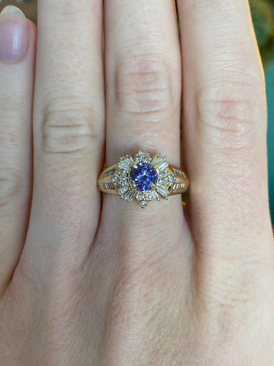 Vintage Solid 14k Yellow Gold Diamond Halo Tanzanite Ring - Size 6.75