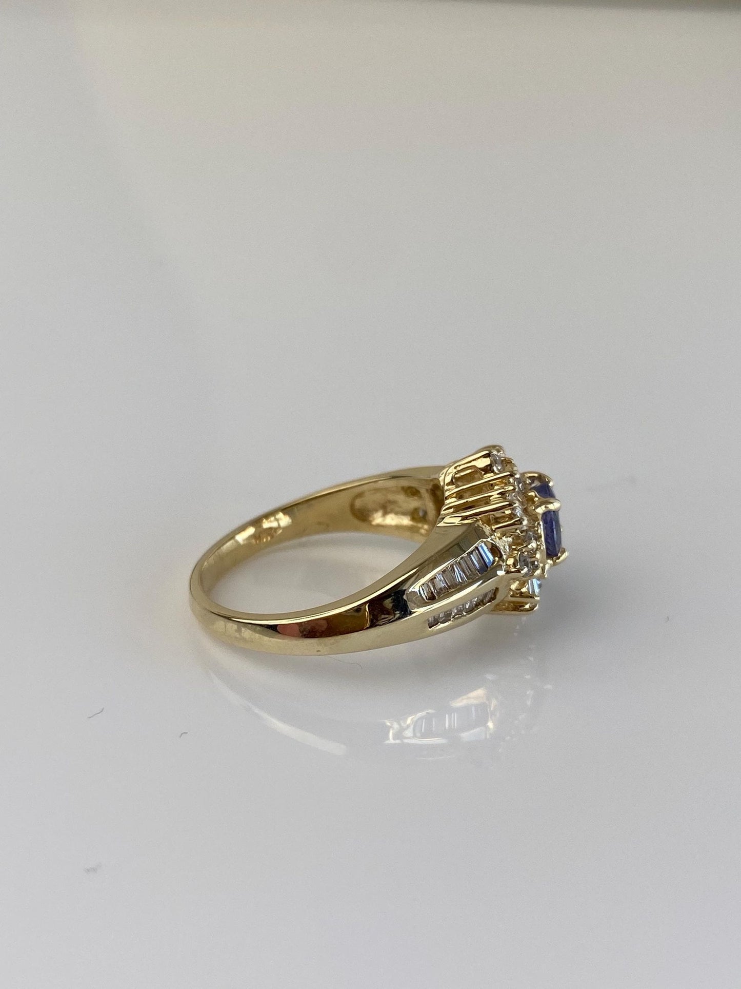 Vintage Solid 14k Yellow Gold Diamond Halo Tanzanite Ring - Size 6.75