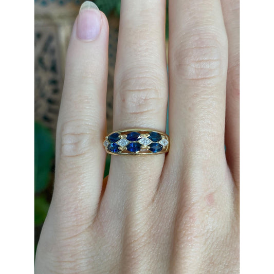 Vintage Solid 10k Yellow Gold Diamond Blue Sapphire Ring Band - Size 5.75